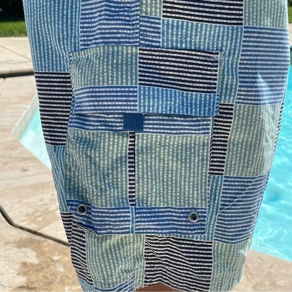 NWT Club Room M & XL Aquamarine Plaid Striped Swim Trunks MT0
